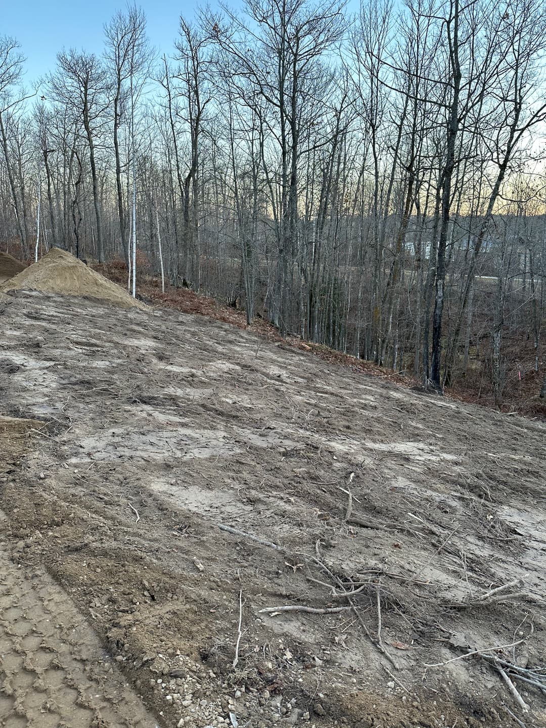 Cleared land with bare soil and sparse trees, ready for construction or development.
